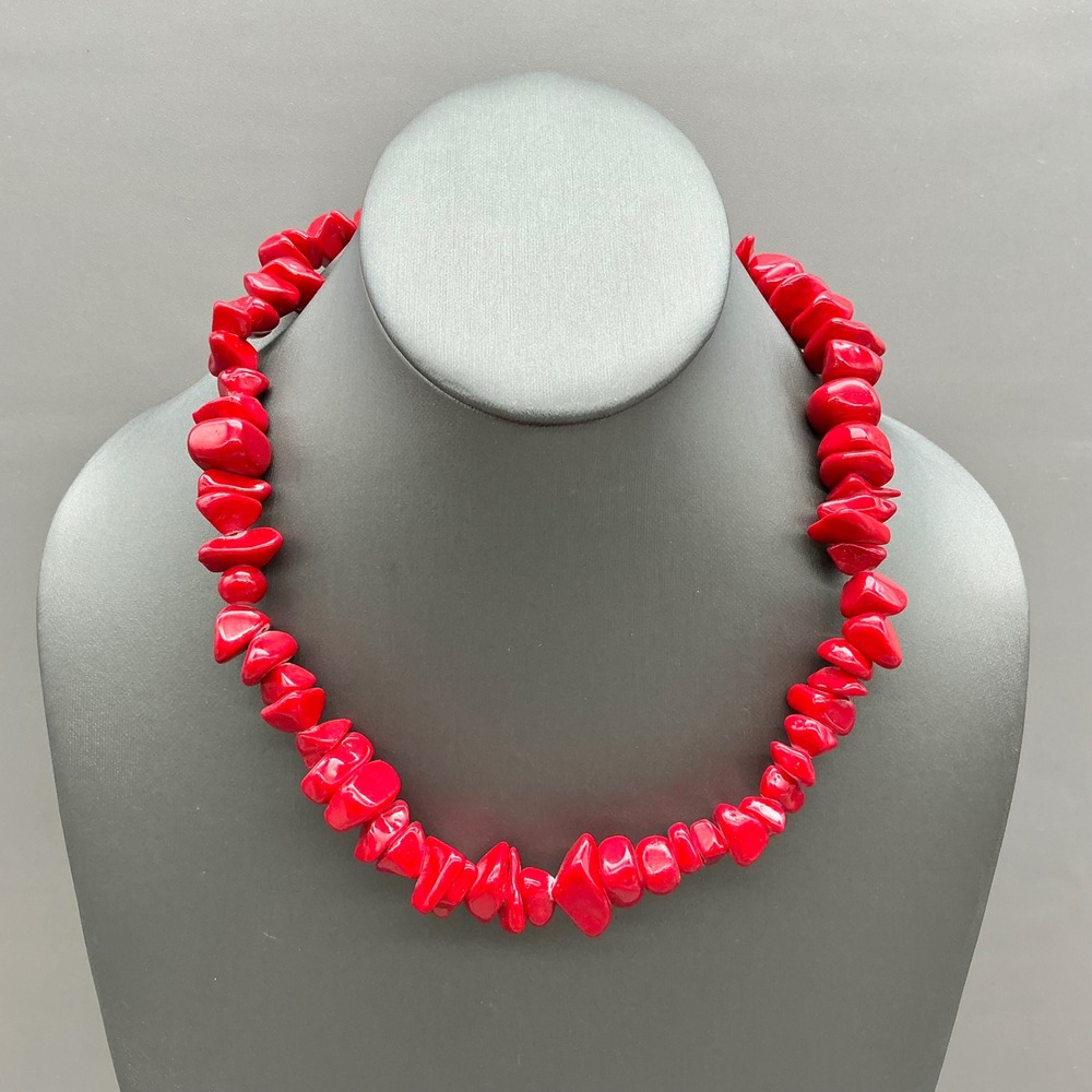 Necklace Women Red Chunky Faux Coral Stone Bead Statement Adjustable